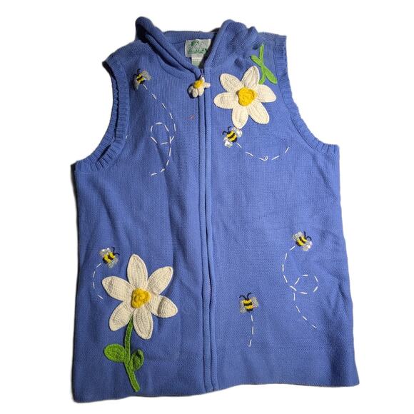 Vintage Sweaters - Vtg 1990s Quacker Factory Blue Knit Daisy Bee Embroidered Hooded Zip Up Vest L